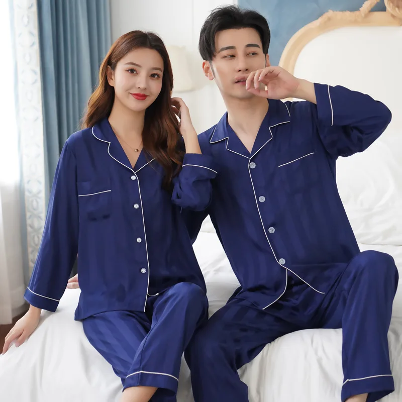 Women Pajama Set Silk Couple Pajamas Lapel Pyjamas Ice Silk Pijama pjs Sleepwear Long Sleeve Shirt Pants Homewear Loungewear