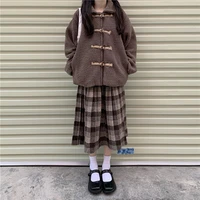 houzhou winter vintage pleated plaid skirt midi women japanese kawaii high waisted a line wool brown long skirts school girls