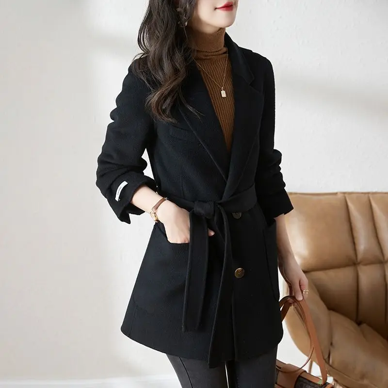 

Повседневное твидовое пальто 2023, новое шерстяное пальто для женщин, корейский модный бренд высокого класса, двухстороннее пальто из овечьей шерсти