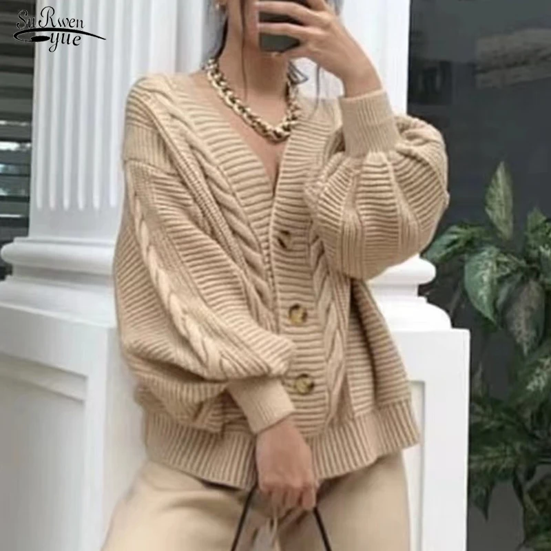 

Loose Lantern Sleeve Cardigan Sweater Jacket Solid Knitted Cardigan Sweaters Coat Autumn Winter Vintage Cardigans Femme 23281