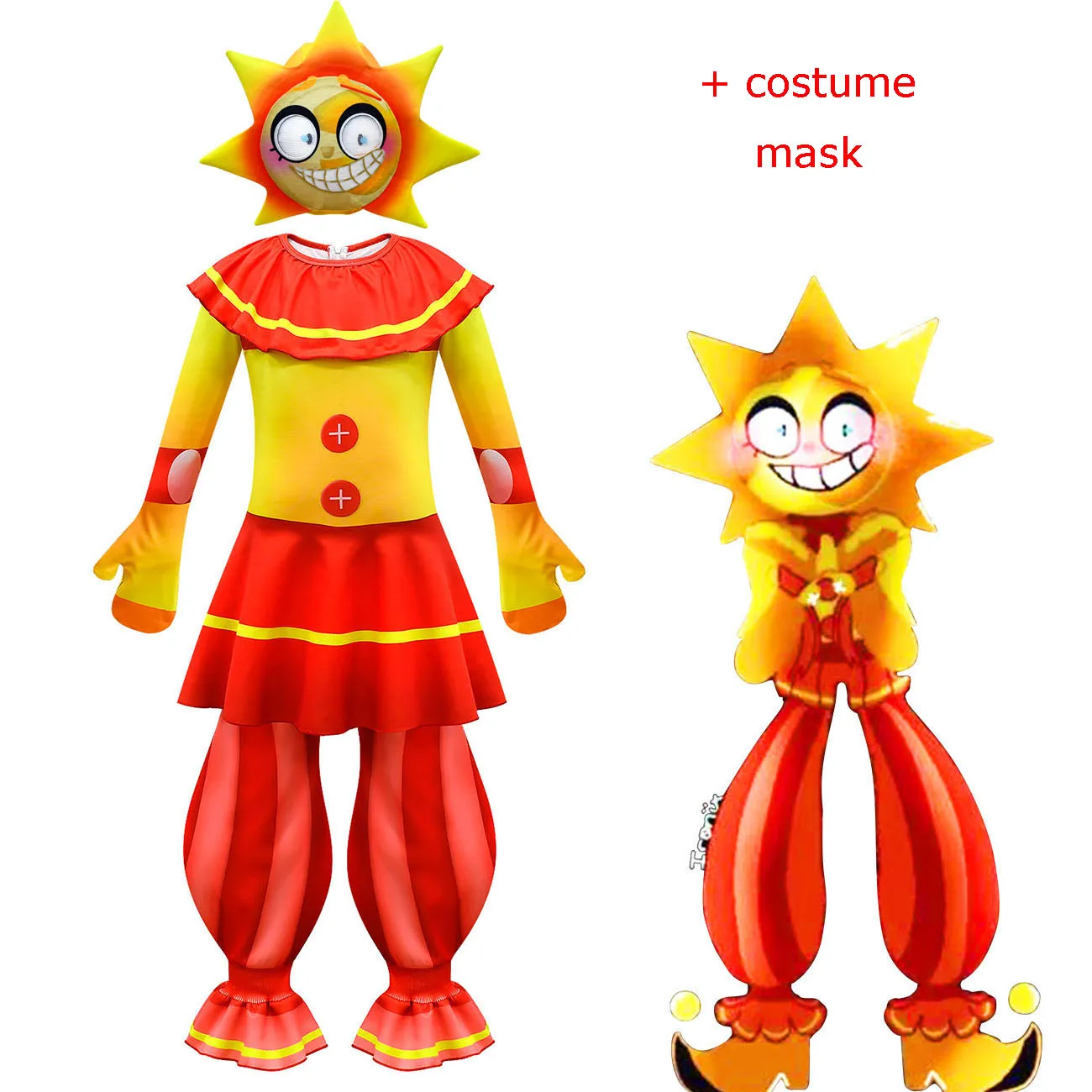Fancy Halloween Costume for Kids Sundrop FNAF Sun clown Jumpsuit+mask Cosplay Anime Freddie Christmas Birthday Gift for Kids