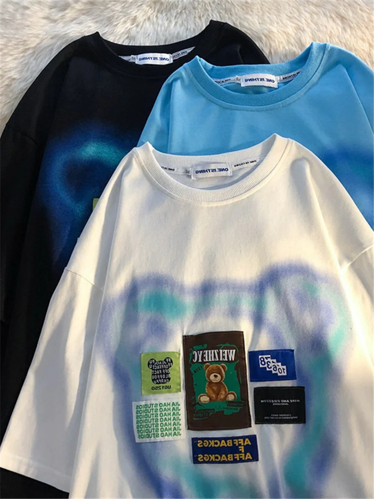 

H.SA/летние топы с короткими рукавами и круглым вырезом с рисунком медведя из мультфильма 2022 Harajuku, женские хлопковые свободные футболки в сти...