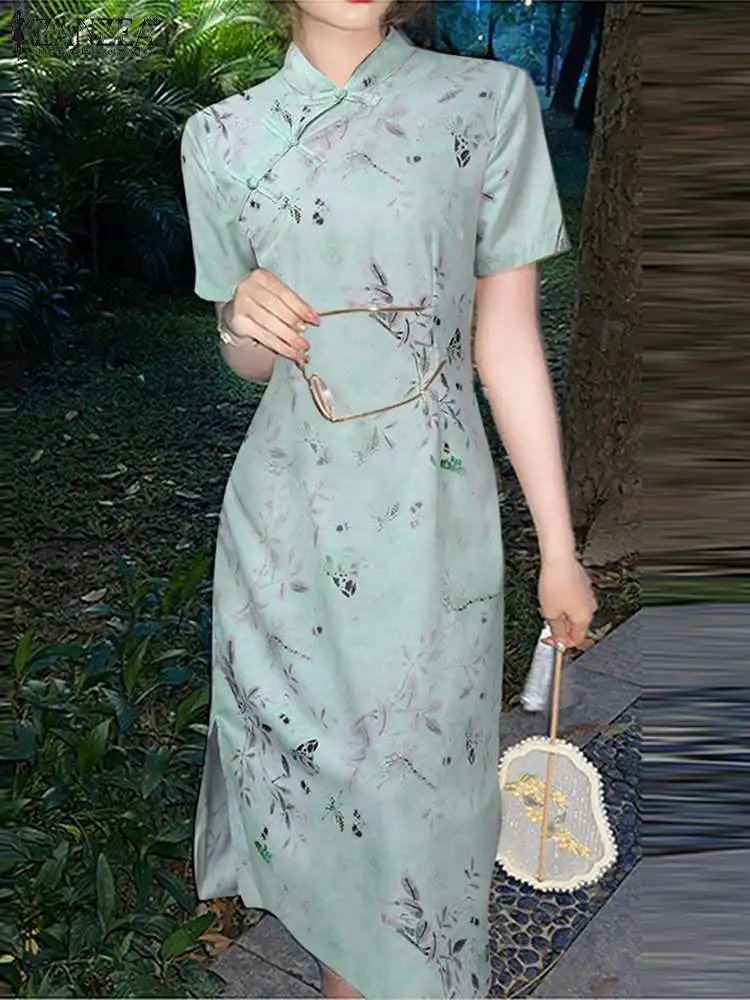 

ZANZEA Chinese Short Sleeve Vestido Vintage Plant Print Midi Dress Women Elegant Stand Collar Waisted Cheongsams Slit Hem Robes
