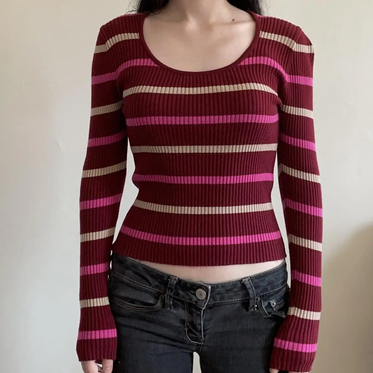 

hirigin y2k Grunge Knitted Striped T Shirt Vintage O Neck Full Sleeve Pullovers Punk Casual Harajuku Tee Autumn Winter Women