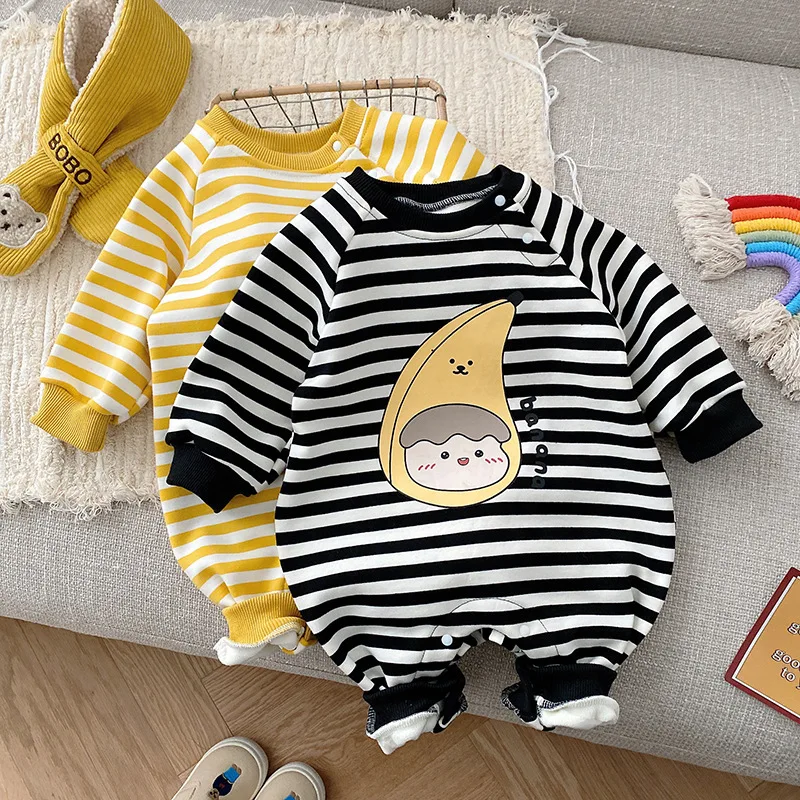 

Girl Baby Cartoon Banana Jumpsuit Winter Newborn Boy Striped Long Sleeve Romper Infant Plus Fleece Thicken Warm Cotton Onesie