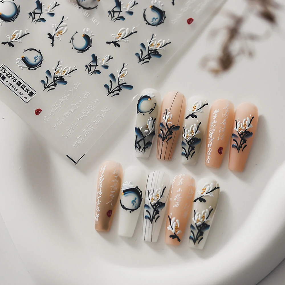 

China Style Series Embossed Nail Art Stickers Inked Orchids Pattern Decor Design UltraThin Sliders Manicure Decal Press on Nails