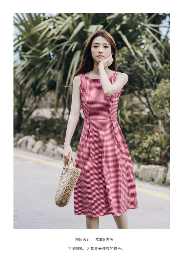

Summer Woman Cotton Linen O-neck New Fashion Plaid Print Sleeveless Vintage Dresses Female