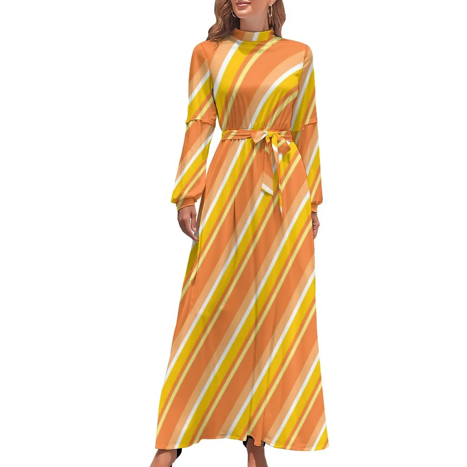 

Платье-макси оранжевое в полоску, с длинным рукавом и высоким воротником