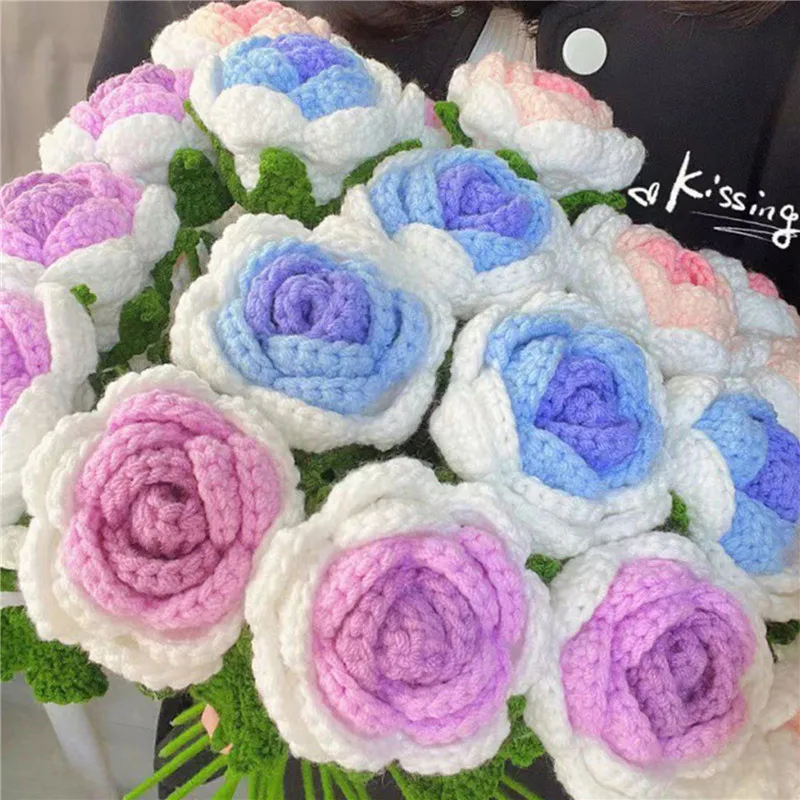 

Hand Knitting Rose Artificial Bouquet Decoration Fake Flowers Hand-Woven Home Table Decorate Creative Knitting Bouquet