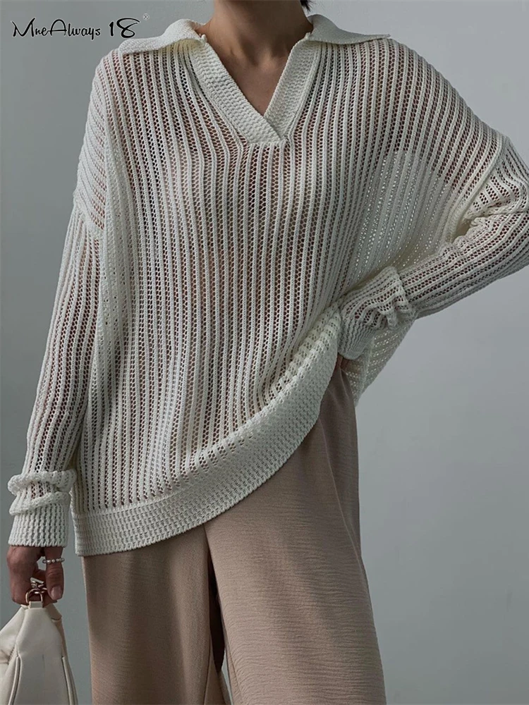 

Mnealways18 Casual Perspective Knitted Pullover Tops Women Lapel Loose White Blouses Autumn 2023 Casual Office Ladies Knitwear