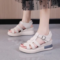 2022 new fashion hollow buckle womens sandals summer outer wear open toe casual retro middle heel solid color buckle sandals