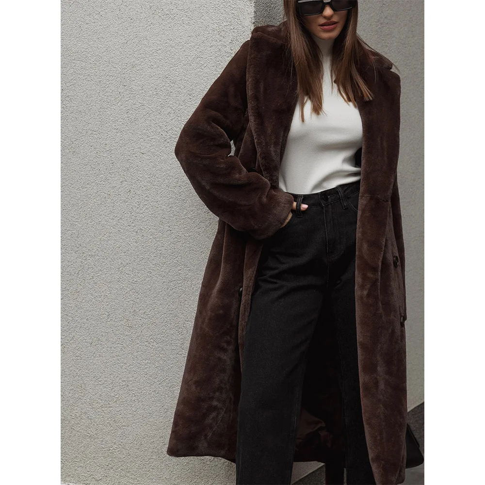 2022 Autumn Winter Fashion Warm Imitation Rabbit Fur Coat Elegant Temperament Double-breasted Belt Mid-length Womens Jacket