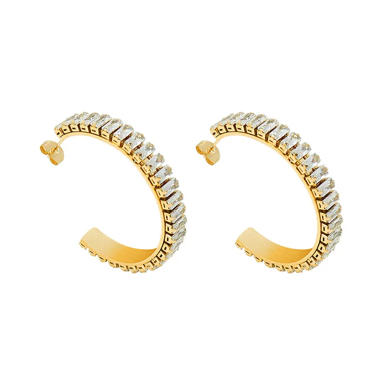 

Zircon Earrings Shiny Exaggerated C-Shaped Earring Titanium Steel Plated Retro Trend Ear Jewelry Wholesale