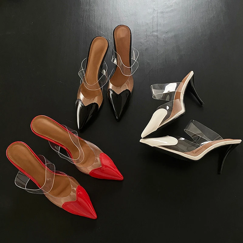 

Мюли женские на высоком каблуке, заостренный носок, ПВХ, ремешок, прозрачные, красные туфли-лодочки, заостренный носок, модные сандалии