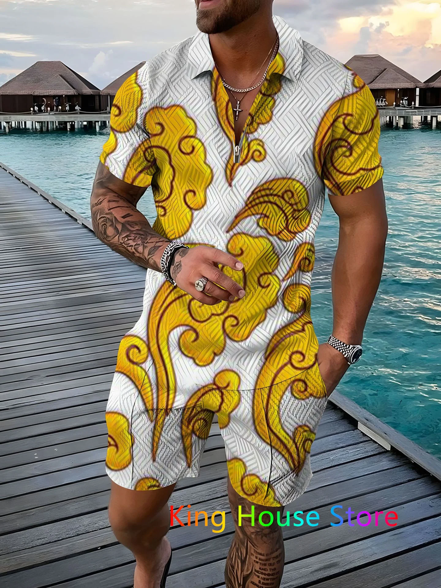 Luxury Polo Shirt Two Piece Set 3D Leopard Print Summer Zipper Short Sleeve Shorts Tracksuits Fashion Sportswear Mens Clothing