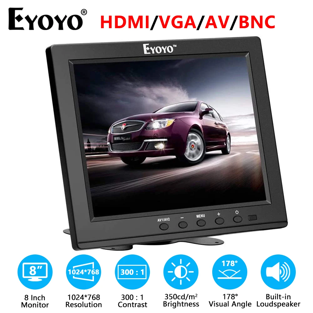 

Eyoyo 8 Inch HDMI Monitor 1024x768 Resolution Small Display Portable 4:3 TFT LCD Mini HD Screen Support HDMI VGA BNC AV Input
