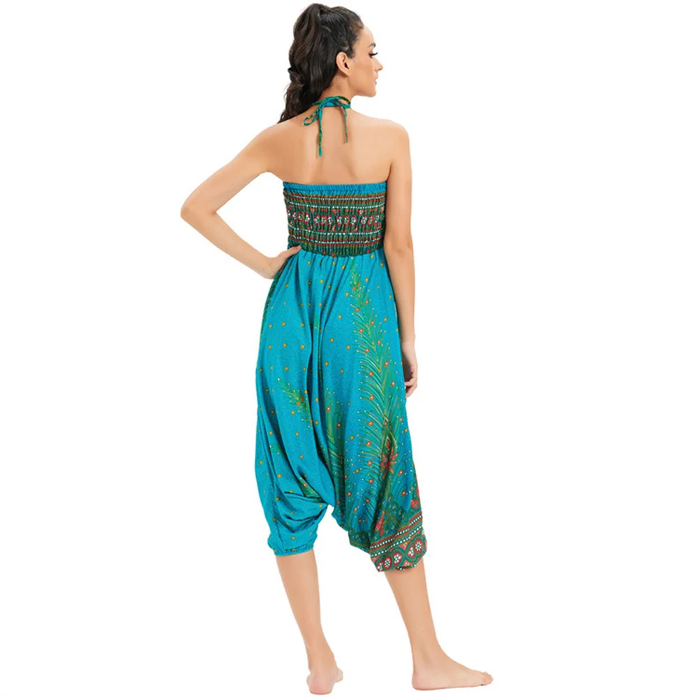 2022 Elastic High Waist Vintage Harem Big Crotch Pants Women Bohemian Floral Print Long Yoga Trousers Boho Beach Jumpsuits