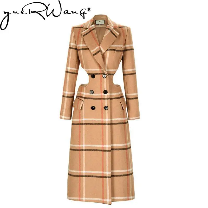 

Getspring Women Woolen Coat Asymmetry Hollow Out Double Breasted Plaid Overcoat Women Vintage Fashion Long Coats