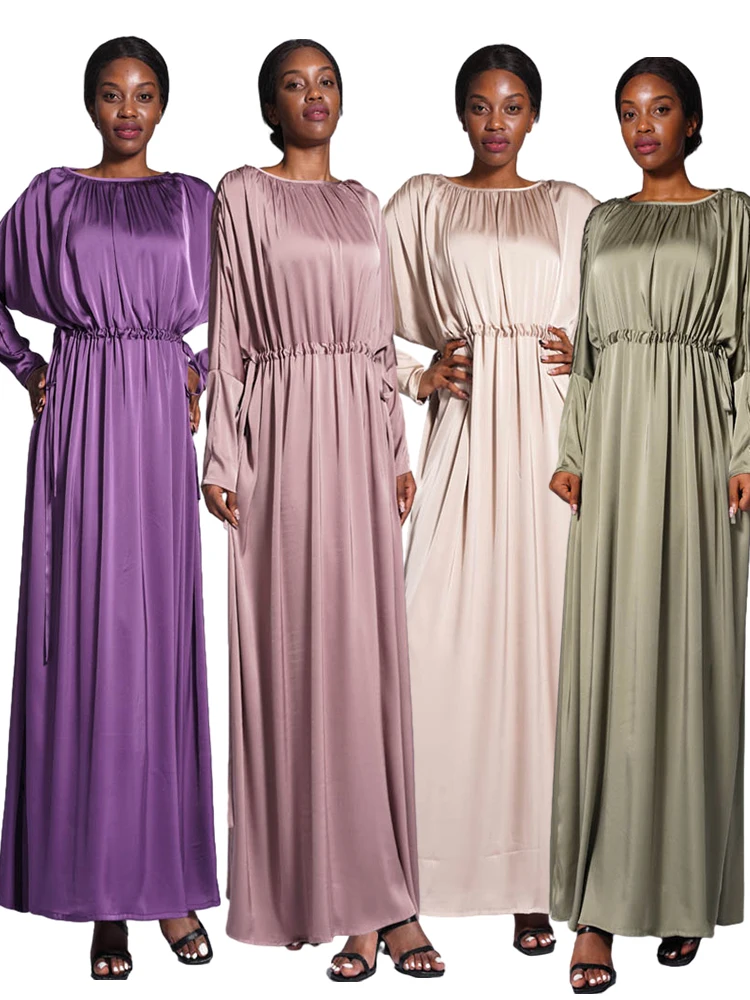 

Eid Silky Muslim Modest Dress Women Ramadan Femme Vestidos Dubai Abaya Dresses Prayer Maxi Dresses Long Sleeve Turkey Robe