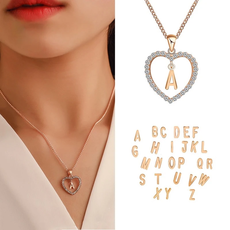 

Heart Shape A-Z Initial Letter Rhinestones Choker Necklace For Women Gold Color Charm Simple Trendy Jewelry Accessories