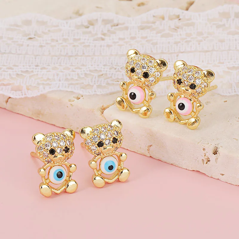 

2022 Hot Selling Women's Copper Micro Inlaid Jewelry Cartoon Love Bear Earrings Inlaid With Zircon Devil's Eye Earrings
