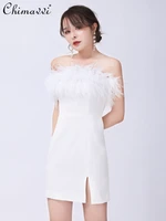 2022 summer new fashion backless feather stitching strapless bandage dress women simple solid color split slim fit dress ladies