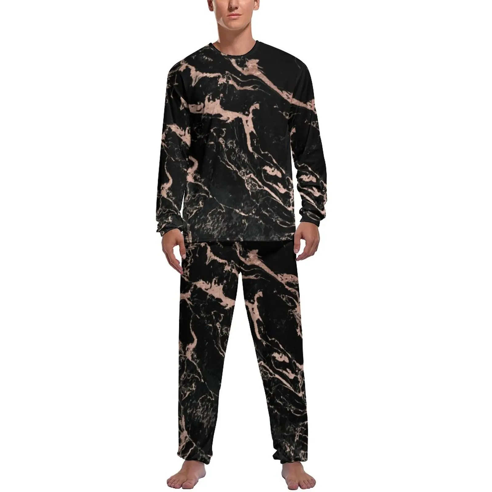 Black Marble Pajamas Long Sleeves Stylish Modern Print 2 Pieces Sleep Pajama Sets Daily Men Printed Cute Nightwear