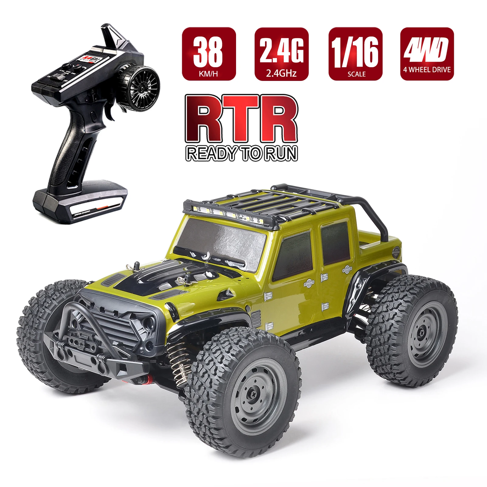

Off-Road Truck RC Car 1/16 2.4GHz Racing Car High Speed 38km/h 4WD RTR Full Proportional with LED Night Light Toy Kid Adult