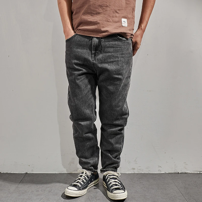 Spring and summer new style American retro made old grey jeans men's fashion brand slim fit casual small foot long pants