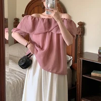 summer women korean style sweet two piece set solid color one shoulder short sleeves casual a line midi skirt sets 2 pieces