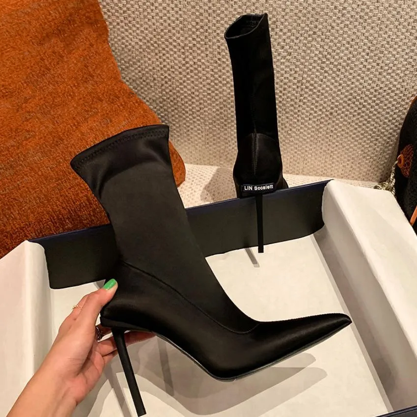 

Женские эластичные ботинки INS, Черные ботильоны с острым носком, узкие ботинки на высоком каблуке, дизайнерская Праздничная обувь для девочек