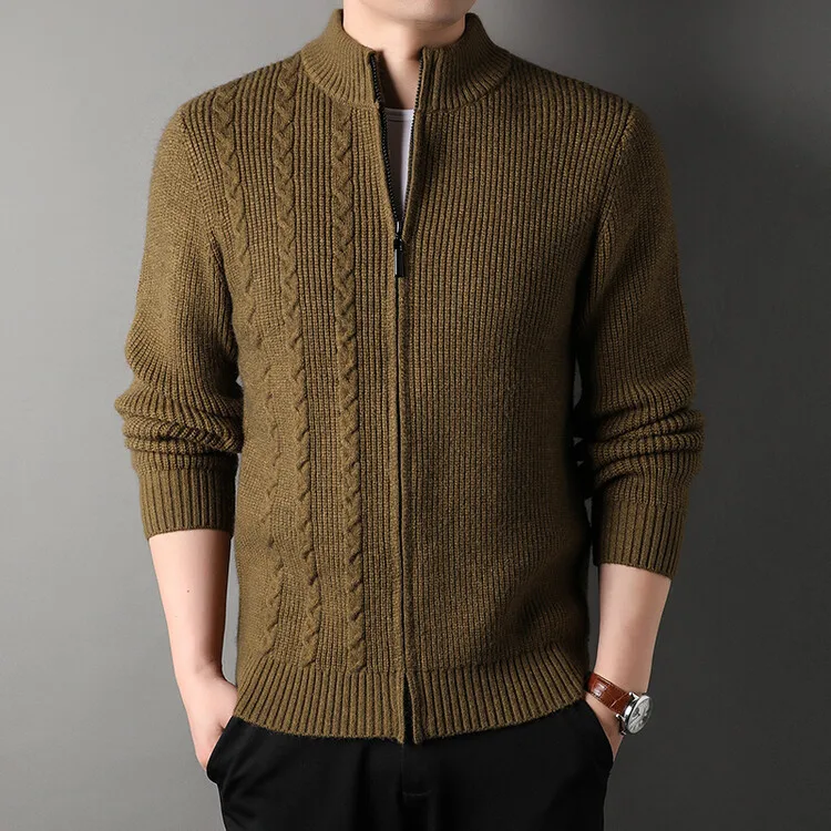 Мужской трикотажный кардиган на молнии однотонный плотный с воротником-стойкой