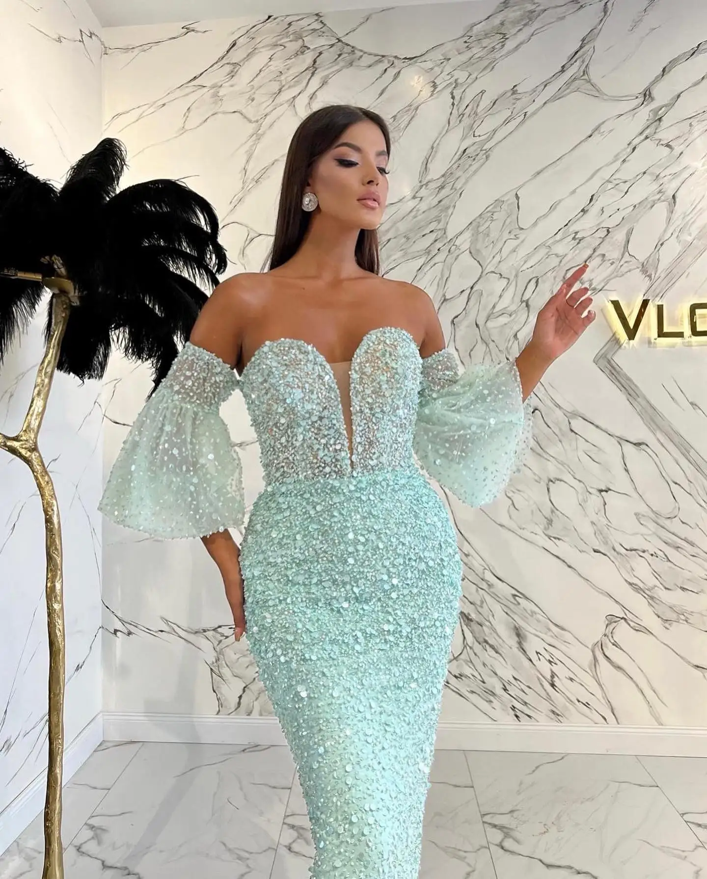 

Mint Green Sweetheart Prom Dress Sequined Puff Tulle Sleeves Sparkly Sequins Tea-Length Evening Gown Custom Vestido De Novia