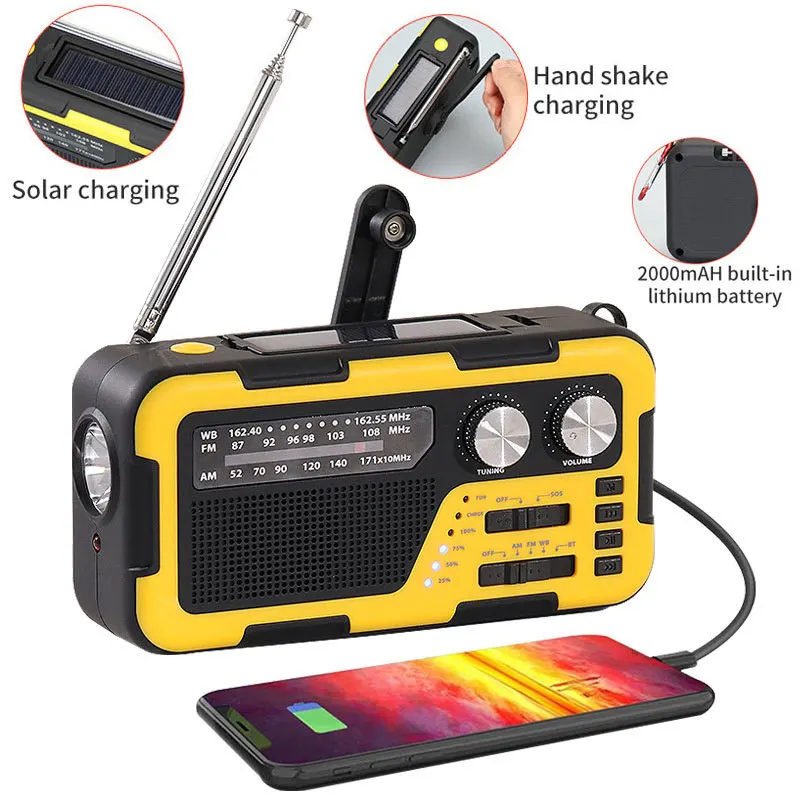 

Emergency Solar Charging Multi-Band Radio Receive Bluetooth Speaker Handheld Portable Radios FM LED Flashlight 2000mAh Powerbank