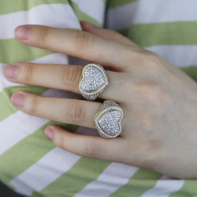 

Iced Out Gold Silver Color Two Tone Punk Rock Ring Paved Full Cz Heart Finger Rings for Women Men Hip Hop New Rings Jewelry