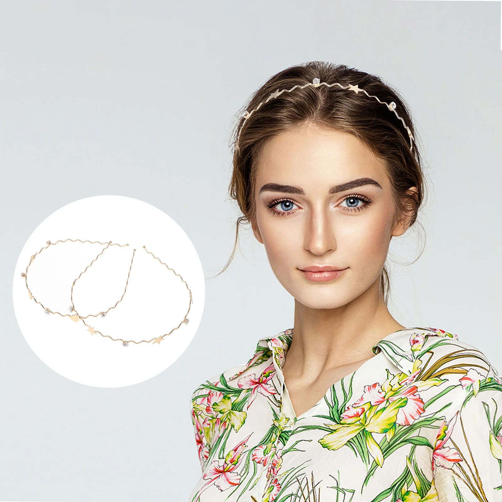 

2Pcs Metal Rhinestone Headdresses Exquisite Heart Star Decor Hair Hoops
