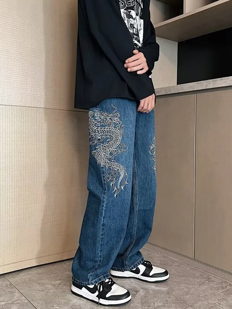 American Streetwear Chinese Dragon Embroidered Straight Loose Pants Y2k Jeans Men and Women Couples Loose Casual Pants Softener
