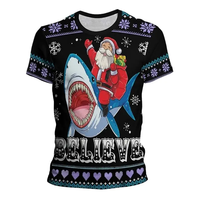 

Trend T Shirt For Men 3D Santa Claus Pattern Male Tee Shirt Christmas Element Style Large Size O-neck Short Sleeve Clothing Tops
