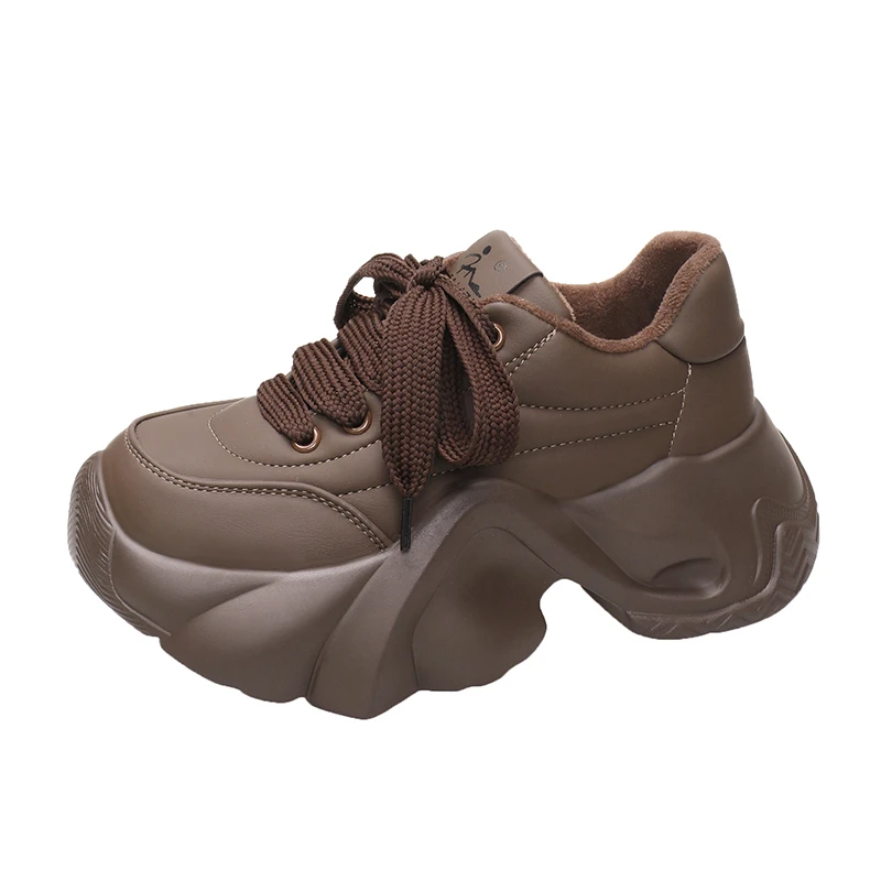 

Women Winter Warm Chunky Sneakers Thick Bottom Female Casual Leather Dad Shoe Lace Up 8CM High Platform Vulcanized Shoes Woman