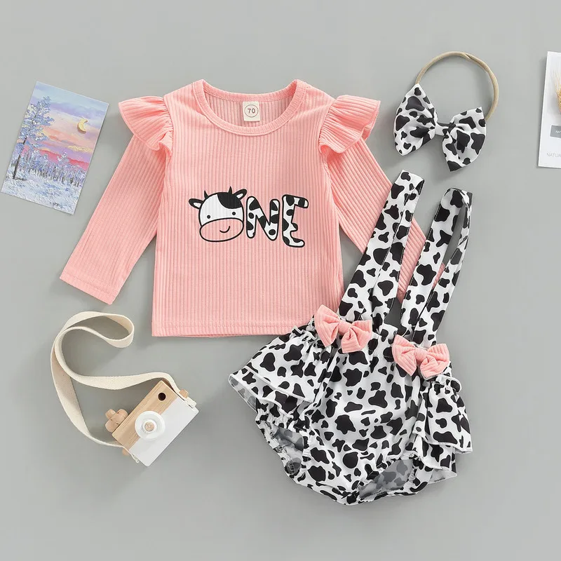

Baby Girls Clothes New Born Bodysuit Sets Spring Autumn Long Sleeve Cow/Elephant T-shirt Suspender Jumpsuit Dress Bow Hairband