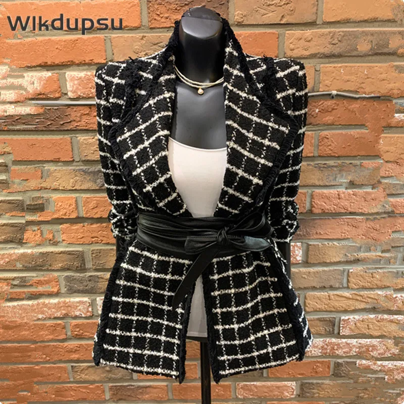 Vintage Plaid High Quality Fashion Tweed Blazer With Belt Women Suit Jacket Woolen Slim Fit Korean Style Office Lady Casual Coat