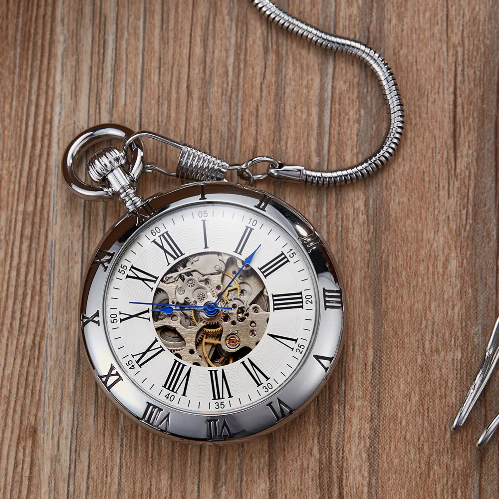 uxury Copper Golden Silver Automatic Mechanical Pocket Watch Clock Fob Chain Watch Men Roman Numbers Clock Pocket watches