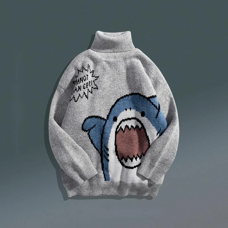 YlSHioo Autumn Winter Men Sweater Streetwear Japan Style Cartoons shark Sweater Men Casual Men's Clothing Turtelneck Sweater Men