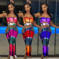 skmy vacation outfits for women 2022 summer tie dye print bandage strapless crop top and skirts fashion sexy two piece sets