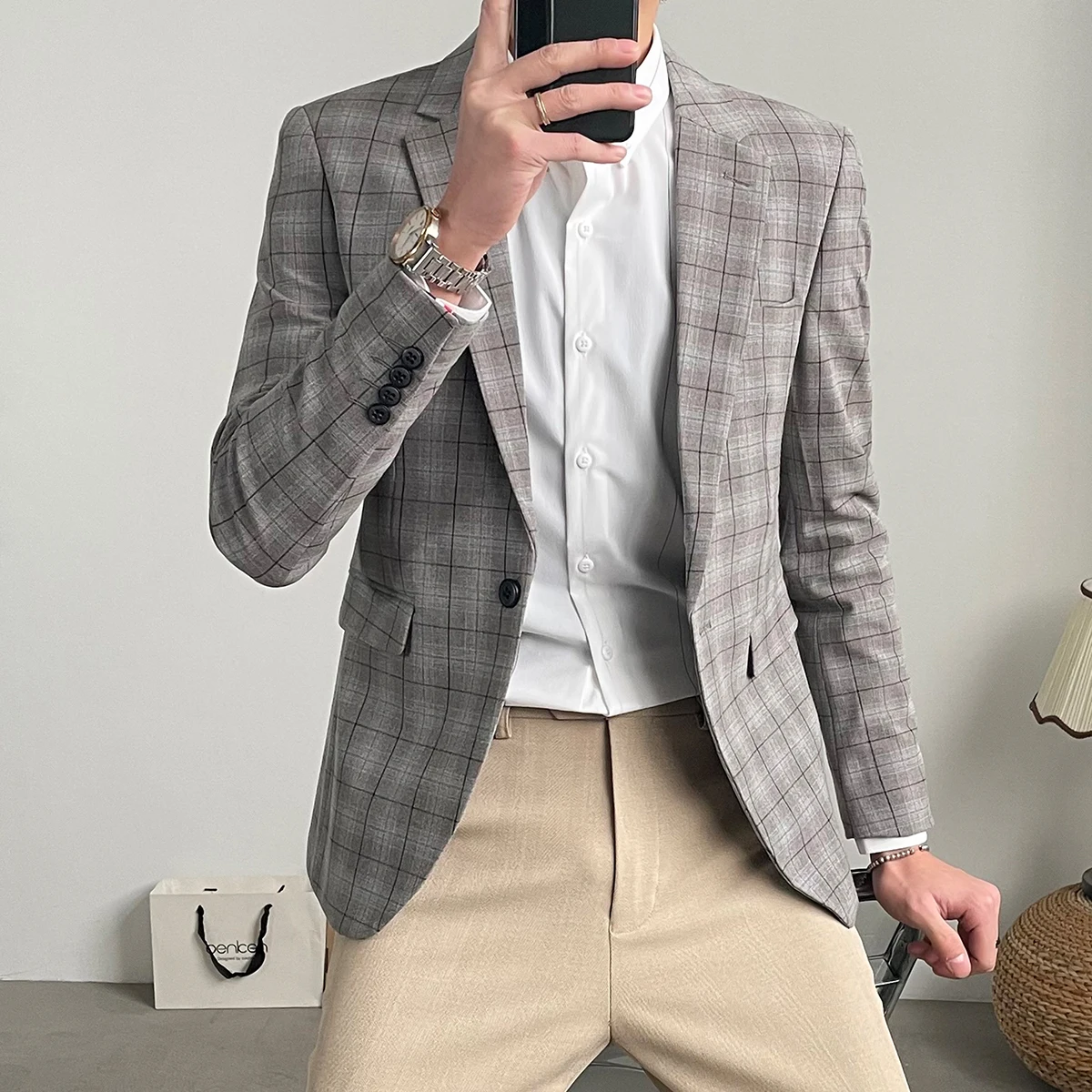 

2022 Spring Classic Plaid Men Blazers Slim Fit Casual Business Suit Jacket Streetwear Social Men Clothing Wedding Groom Tuxedo