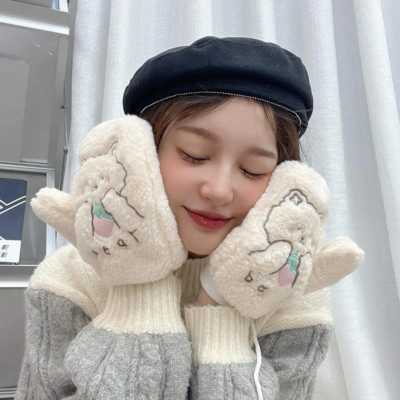 

2022 Females Korean Ins Gloves Women's Girls Winter Kawaii Cute Bears Plush Fur Thick Riding Mittens Glove Keep Warm