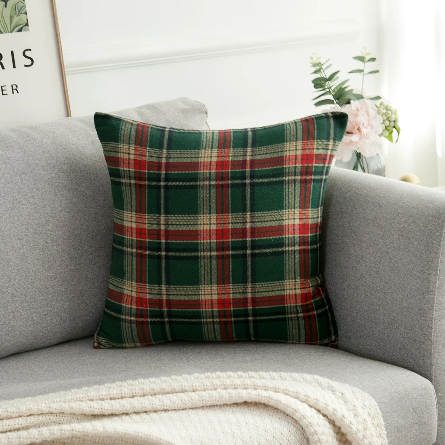 

Anime Pillow Festival Cladding Sofa Leaning Green Plaid Christmas Pad Sleeve Model Room without Core