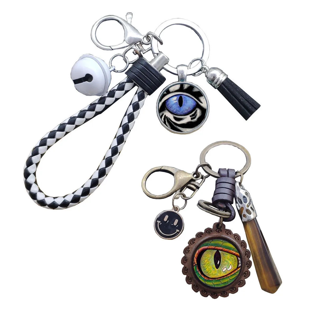 

Cute Unique Time Gem Turkey Blue Evil Eye Keychain Cowhide Demon Eye Dark Brown Raw Stone Woven Key Ring Birthday Gift