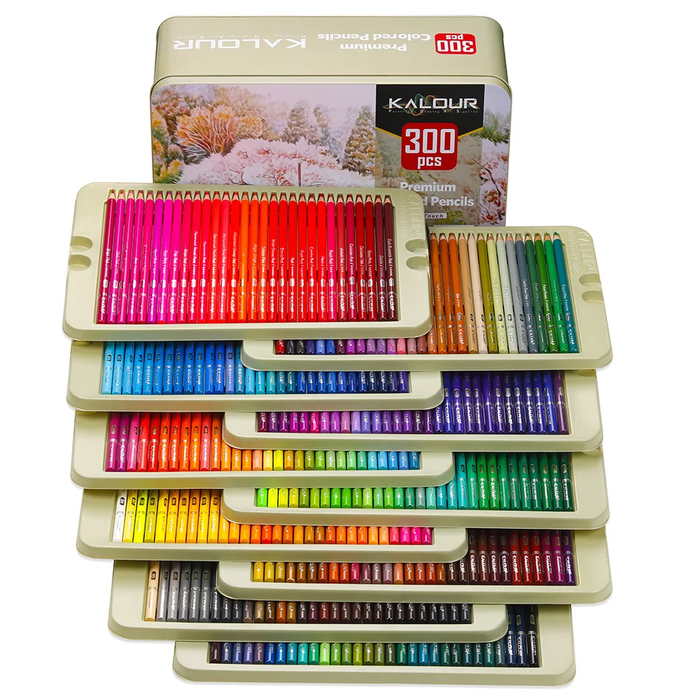 KALOUR Colored Pencil 300 Pcs Set Color Iron Box Pack Gift Box Color Pencil Set Art Graffiti Oil Color Lead Painting Set