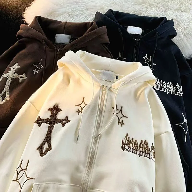 N GIRLS Gothic Embroidery Hoodies Women Retro Harajuku Hip Hop Jacket High Street  Hoodie Casual Loose Sweatshirt Y2K Tops